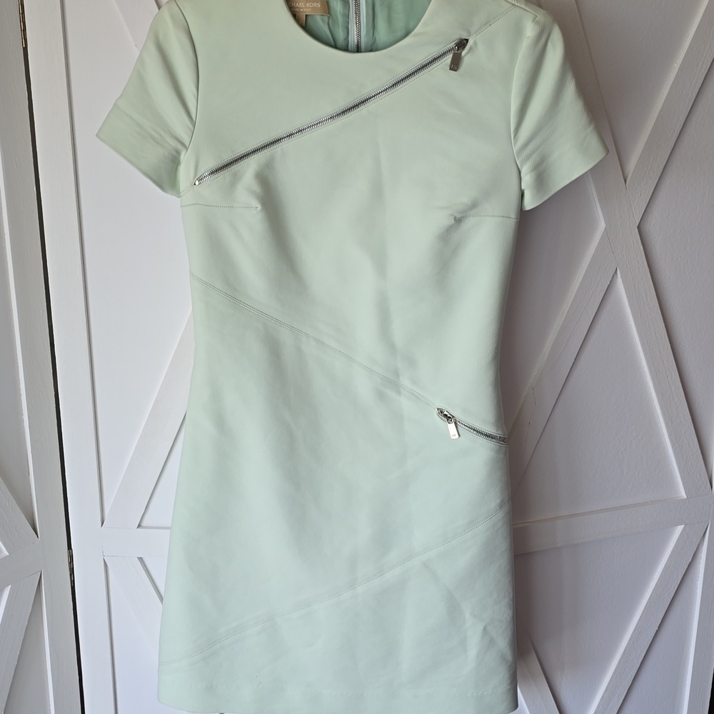 Michael Kors Light Green Midi Dress with Front Zippers